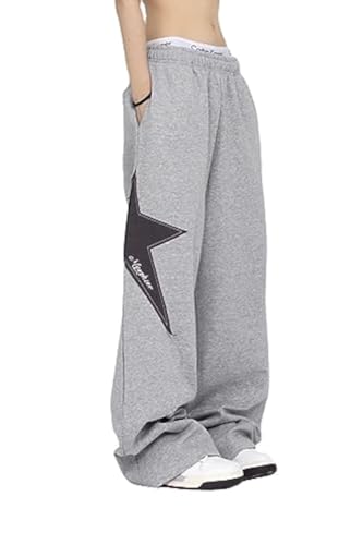 Pooyikoi Grey Large Women's Y2K Star Print Wide Leg Joggers - Harajuku Streetwear