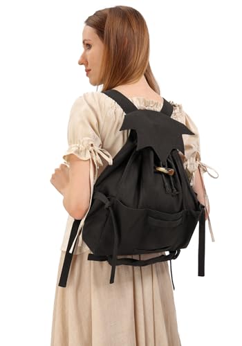 KUOIN Black Medieval Drawstring Backpack Renaissance Fantasy Bag for Cosplay & Ren Fairs