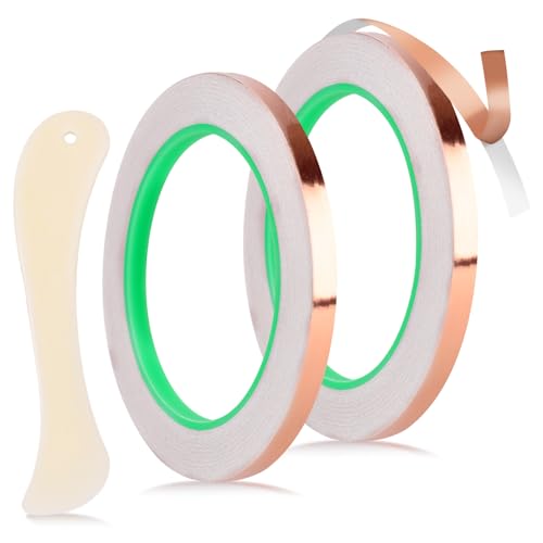 2pcs Copper Foil Tape Kit for Stained Glass, 1/4"x65.6 Feet Double-Sided Adhesive Conductive Tape with Plastic Scraper Supplies for EMI Shielding Electrical Repair Guitar Muffling