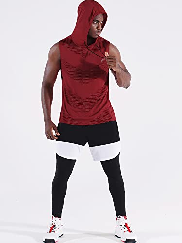 Neleus Men's Workout Tank Tops 3 Pack - Sleeveless Running Shirts with Hoodie, Large, Black/Grey/Red