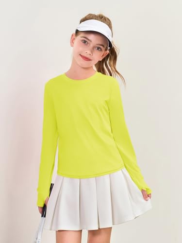 Long Sleeve Athletic Yoga Top for Girls - Lightweight Crewneck Tee with Thumb Holes - Yellow, 13-14 Years