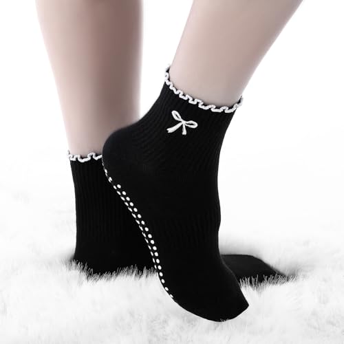 Non-Slip Grip Socks for Women - Pilates & Yoga - Bow / Black