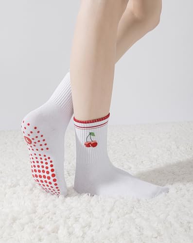 Yawlsow Pilates Grip Socks for Women, Cute Embroidered Yoga Grippy