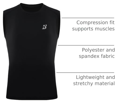 Boys Sleeveless Compression Shirt - Quick-Dry Athletic Tank Top, Large Black
