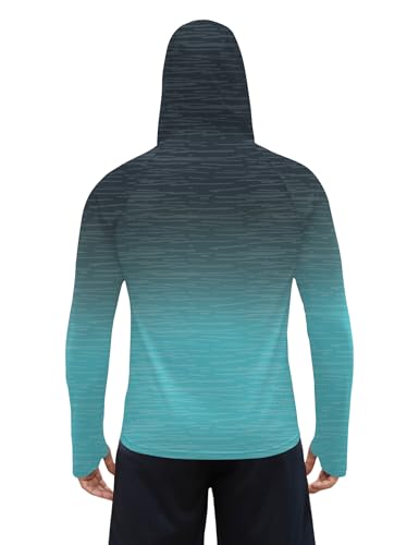 iWoo Men's UPF 50+ Sun Protection Hoodie Large Blue Gradient Black - Quick Dry UV Shirt for Fishing & Hiking