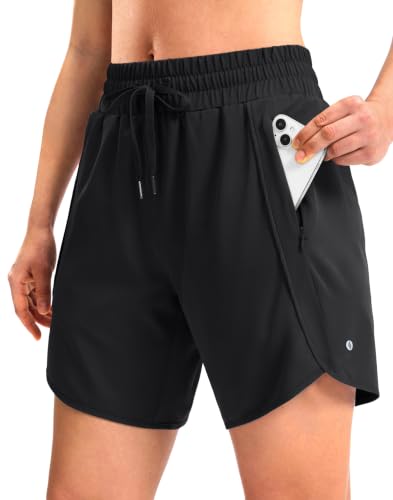 SANTINY Women's Athletic Running Shorts 7 Inch Large Black with Zipper Pockets