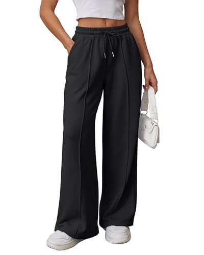 ATHMILE Women's High Waist Wide Leg Sweatpants Black XL - Baggy Lounge Pants