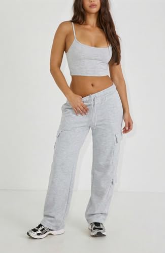 Waitfairy Women's Cargo Sweatpants Wide Leg Fleece Baggy Medium Light Grey