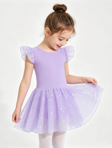 MdnMd 4-6 Years Purple Toddler Ballet Leotard Dress with Criss-Cross Back, Star Skirt