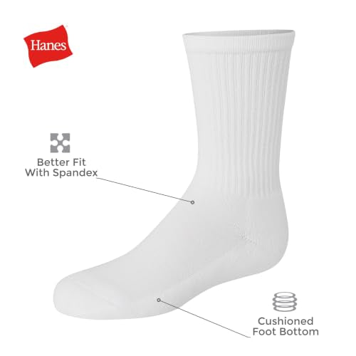 Hanes Girls' Crew White Cushioned Socks Pack 12-Pairs, Medium (Ankle & No Show)