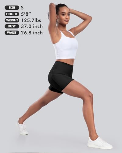 High Waisted Biker Yoga Shorts with Pocket - 5 Inch, Medium, Black