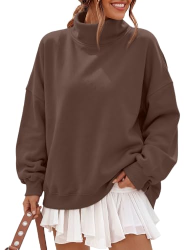Trendy Queen Women's Oversized Fleece Mock Neck Sweatshirt with Pockets - Dark Brown, Medium