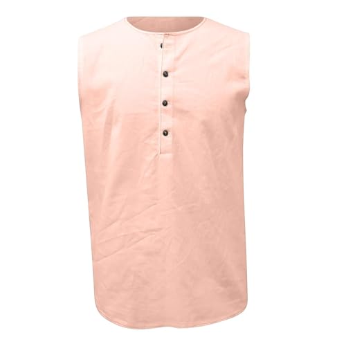 Men's Vintage Tank Top - Lightweight Sleeveless Henley Shirt - Pink / Large