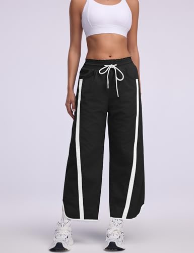 Baggy Wide Leg Track Pants for Women - Lightweight Black Medium