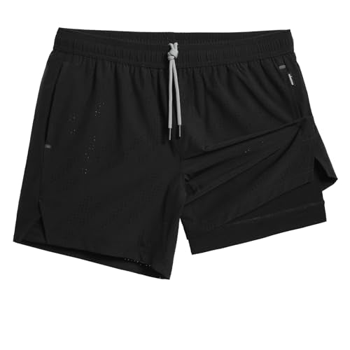 Medium Black Mens Running Shorts with Compression Liner 5" Quick Dry Zip Pocket