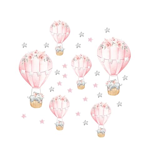 6 Pink Hot Air Balloons Sleeping Baby Elephants Stars Wall Stickers, sacinora Cute Art Wall Decals Removable Vinyl Peel and Stick for Kids Baby Girl Nursery Bedroom Toddler Room Decorations