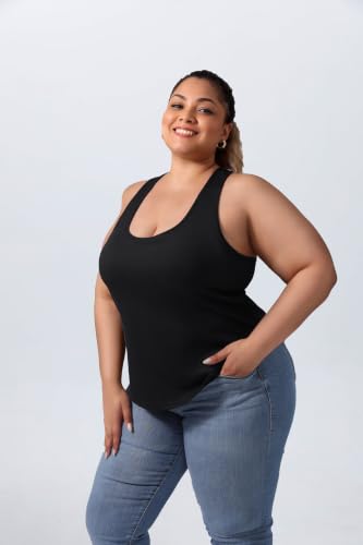 DAGGLOSA Plus Size Racerback Tank Top with Built-in Bra - Curved Hem, 3X Black
