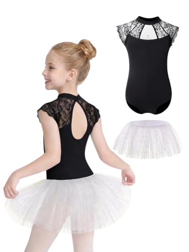 Girls Ballet & Gymnastics Leotard 2-Piece Sparkly Tutu & Lace Keyhole Back - Size 5-6 Years, Black | Funcemail