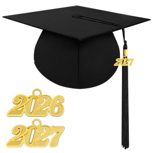 Unisex Matte Graduation Cap 2026 2027 with Tassel - Black, One Size