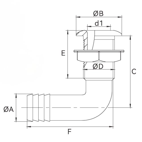 Angled Thru Hull Fitting with Check Valve - 3/4 Inch Black