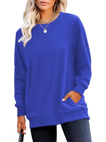 RUMIA Blue Large Crewneck Sweatshirt for Women with Pocket, Fall Long Sleeve Top
