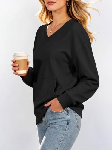 ANRABESS Women's V-Neck Long Sleeve Sweatshirt Large Black Cozy Casual Top