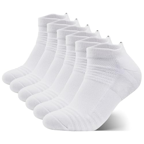 JOYZOO Men's Running Ankle Socks 9-12, White, Breathable Cushioned Low Cut Sports Tab Socks, 6 Pairs