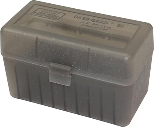 50-Round Rifle Ammo Box - Durable Polypropylene Storage - Clear Smoke