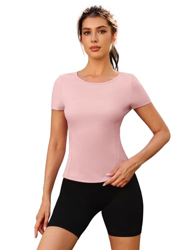 Fitted Gym Yoga Shirt for Women - Light Pink - Short Sleeve