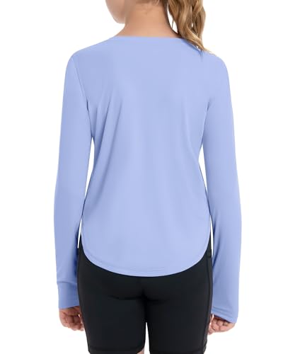 UPF 50+ Rash Guard for Girls - Quick Dry Long Sleeve Shirt, 9-10 Years, Light Blue