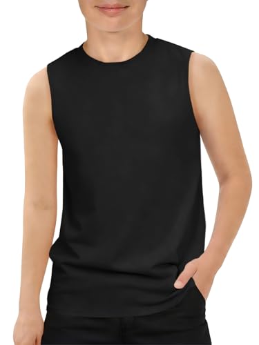 Boys Athletic Tank Top - Quick Dry Sleeveless Undershirt, Black, 13-14 Years
