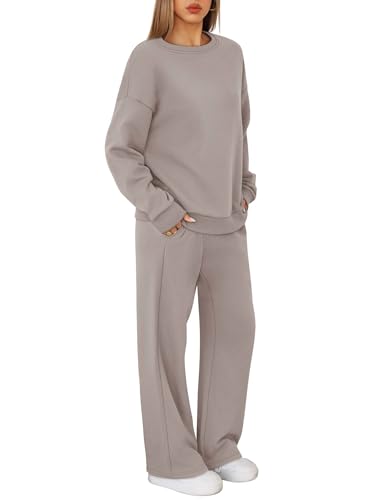 XIEERDUO Women's 2-Piece Lounge Sweatsuit Set - Fall 2025 Casual Outfit, Crewneck Tracksuit, Coffegrey Pink, Small