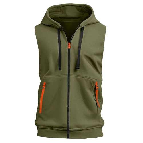 Men's Lightweight Full Zip Sleeveless Hooded Vest - Army Green, Medium