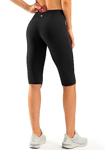 SANTINY Women's Knee Length Capris with Pockets, High Waisted Yoga Leggings - Black, Large