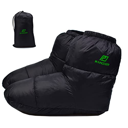 RANDDER Black Large Down Booties Warm Socks for Men & Women - Ultralight Camping Slippers