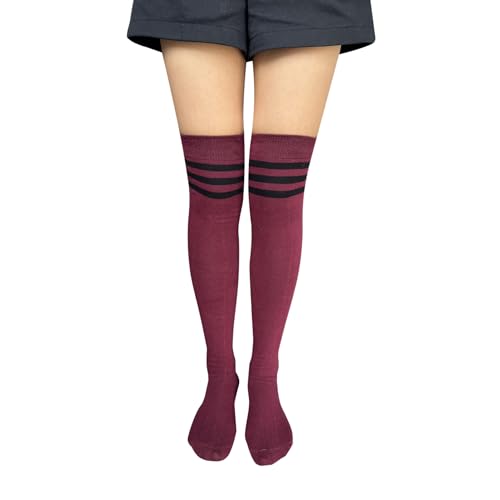 Thigh High Socks for Women - Cotton Warm Striped - Burgundy