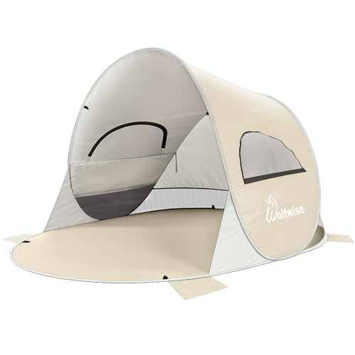 Wolfwise Beige Pop Up Beach Tent for 3 People, Sun Shade Shelter, Foldable & Water-Resistant