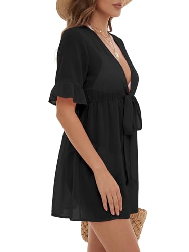 Women's V Neck Tie Knot Front Ruffle Sleeve Beach Coverup - Small/Black