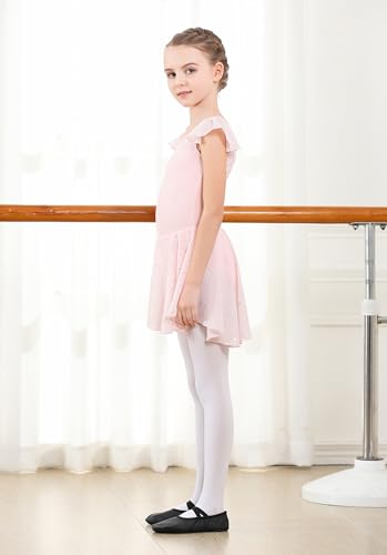 Girls Shiny Ballet Leotard Dress with Ruffle Sleeves - Pink, 4-6 Years