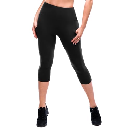 High Waisted Leggings with Pockets - Capri, Small-Medium, Black