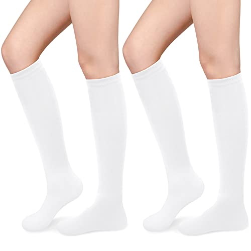 Knee High Socks for Women - Striped Athletic Socks - 2 Pairs White