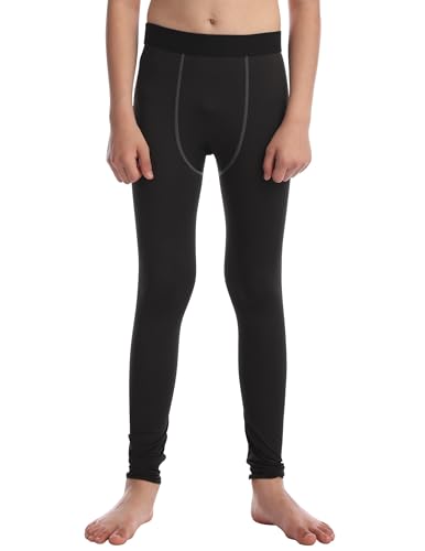 Boys Compression Pants - Thermal Athletic Leggings for Kids - Black