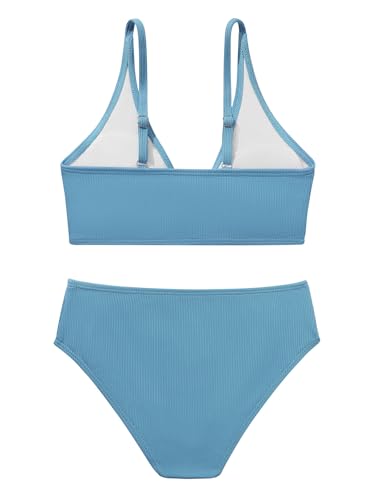 Girls Two-Piece Bikini Set - Knot Front V Neck Swimsuit, Grey Green, 15-16 Years