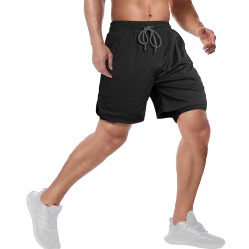 Men's 2 in 1 Running Shorts - Quick Dry Athletic Shorts with Zip Pockets & Towel Loop - Black, Medium