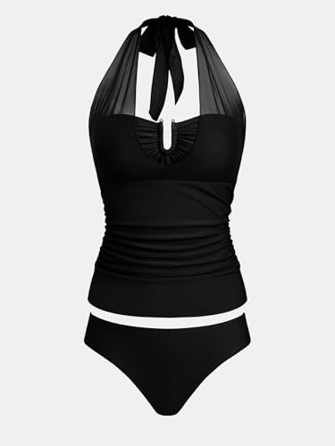 Cupshe Black Halter Mesh Tankini Set for Women - Large