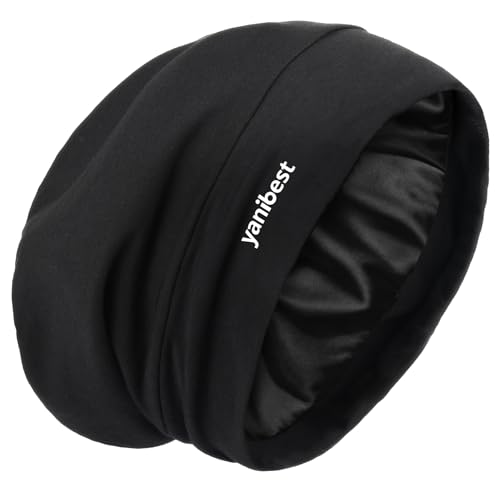 Slouchy Beanie Hat Satin Lined Sleep Cap for Men & Women - Adjustable, Breathable, Black