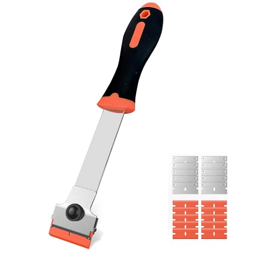 Razor Blade Scraper, Long Handle Scraper Tool with 10 Plastic and 10 Metal Blades - Ideal for Removing Labels, Stickers, Appliance Grease, and More from Windshields, Tint, and Glass (Orange)