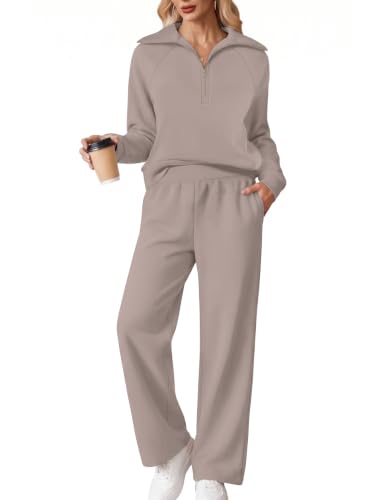 Sampeel Women's Cozy Two Piece Sweat Sets - Lounge Matching Clothing, Medium Coffegrey Pink