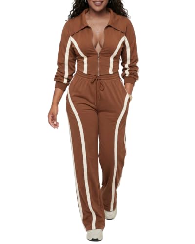 Ophestin Women's Brown Medium 2-Piece Tracksuit Set with Striped Jacket & Long Pants