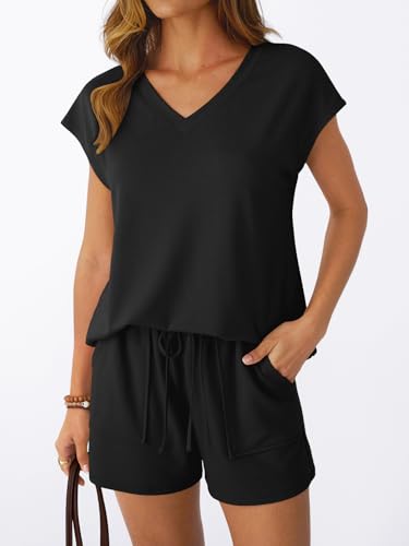 AUTOMET 2-Piece Summer Short Set for Women, V-Neck Cap Sleeve Lounge Clothing, Large / Black